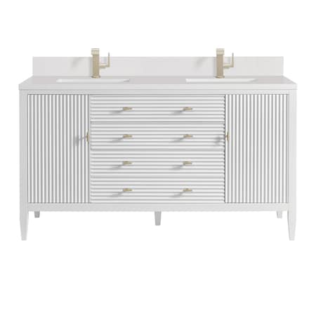James Martin Vanities 60'' Double Vanity, Bright White w/ Single Hole 3 CM White Zeus Quartz Top & Backsplash 485-V60D-BW-1WZ